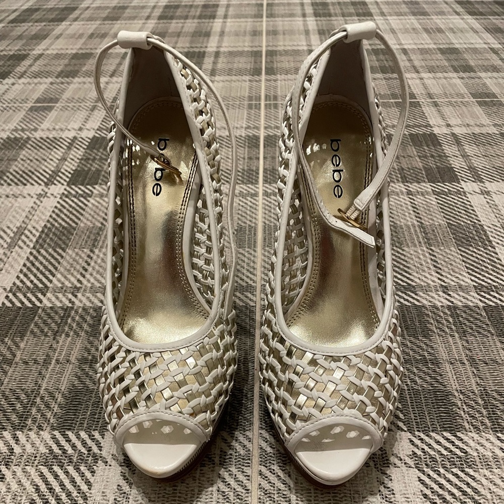 Bebe Woven White and Silver Open-Toe Platform Heels with Ankle Strap